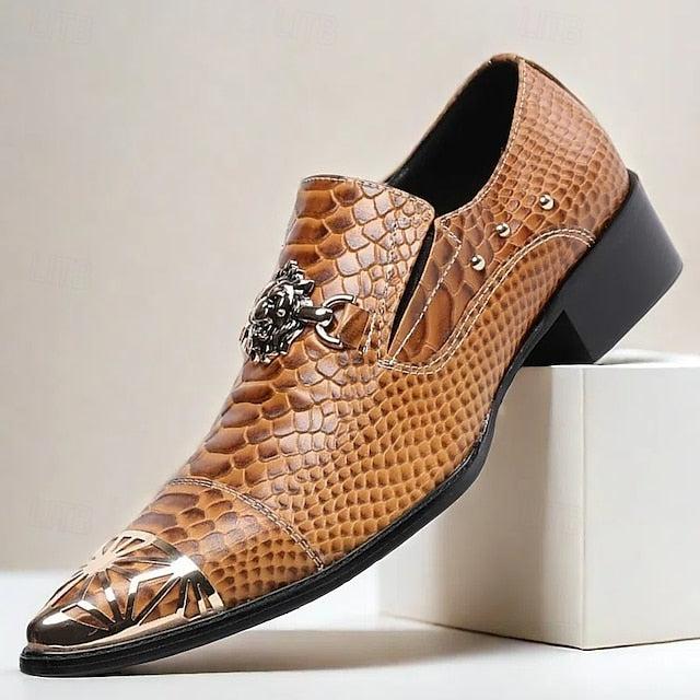 Men's Brown Snake Pattern Leather Slip-On Shoes with Metal