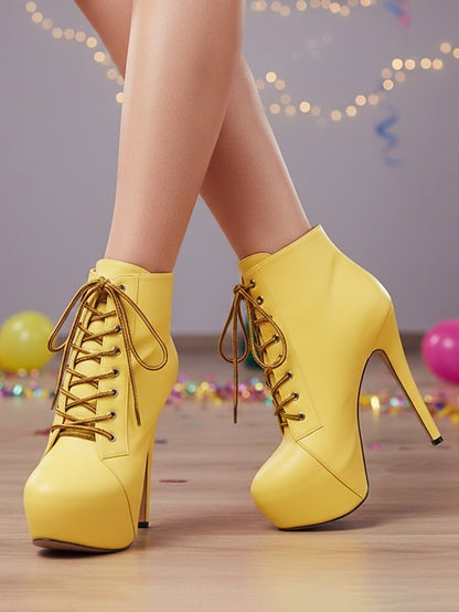 Faux Ankle Women's Lace-Up Boots Beige Platform - Leather
