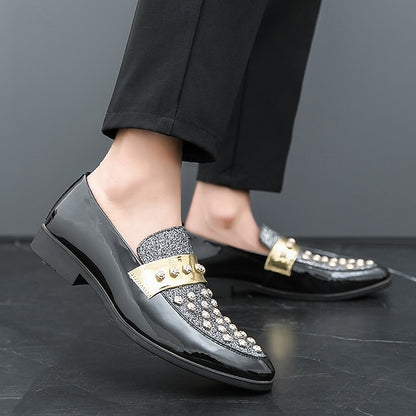 Men's Black Patent Loafers with Studded Detail and Gold