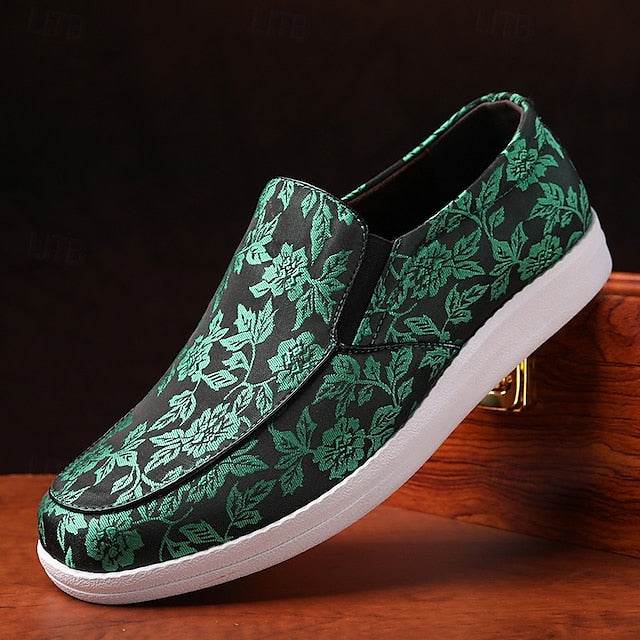 Men's Floral Jacquard Slip-On Loafers – Red and Black