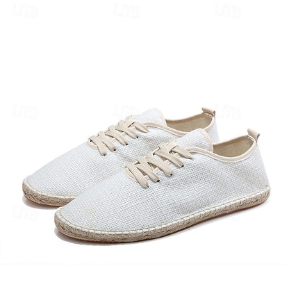 Men's Beige Canvas Lace-Up Espadrille Shoes with Jute Rope