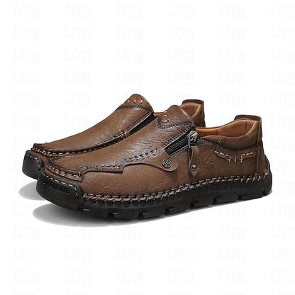 Men's Brown Faux Leather Slip-On Loafers with Side Zipper