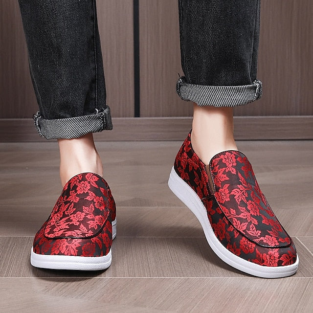 Men's Floral Jacquard Slip-On Loafers – Red and Black
