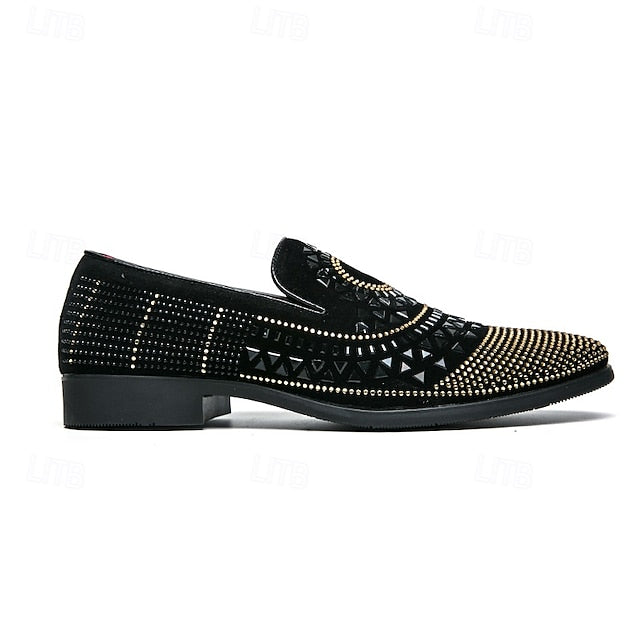 Men's Prom Shoes - Black Studded Velvet Loafers with Spiral
