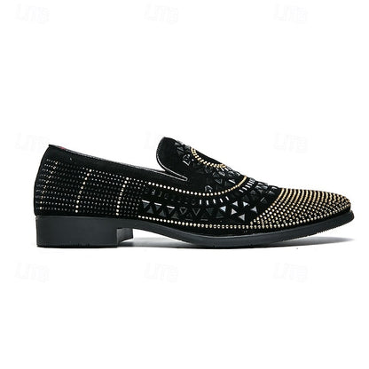 Men's Prom Shoes - Black Studded Velvet Loafers with Spiral