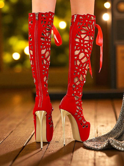 Women's Platform Boots Peep Knee Sexy Stiletto High Cutout