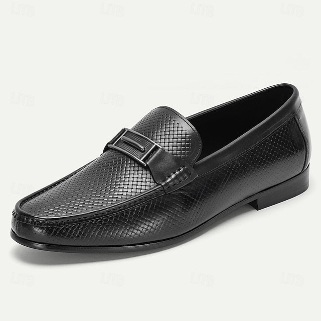 Men's Black Textured Leather Loafers – 100% Premium
