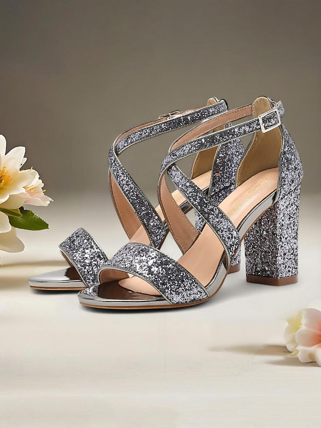 Heel Women's Sandals Block Glitter Gold