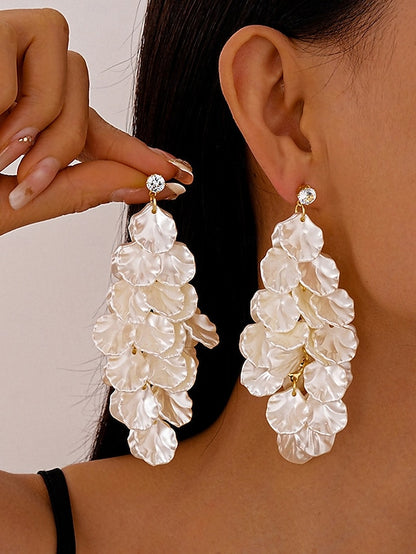 Women's Satin Earrings Floral Layered Drop - Petal Elegant