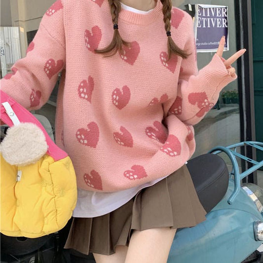 Pink Heart Knit Sweater - Free Size / Pink - Sweater