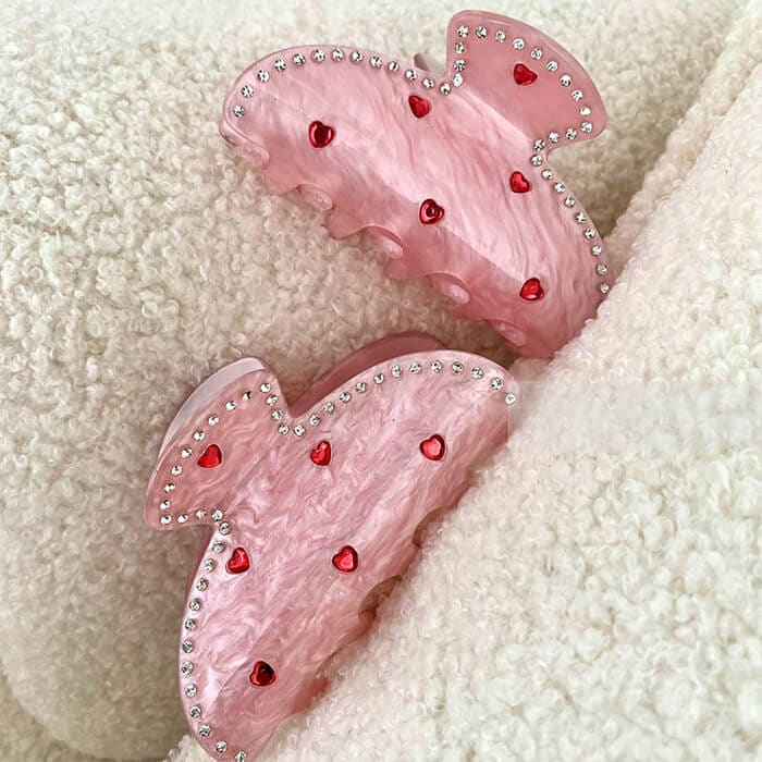 Pink Heart Rhinestone Hair Claw - Pink - Other