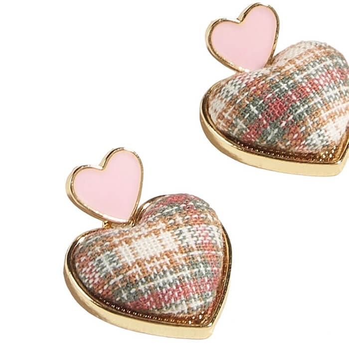 Pink Heart Tweed Earrings - Standart / Pink/gold - earrings