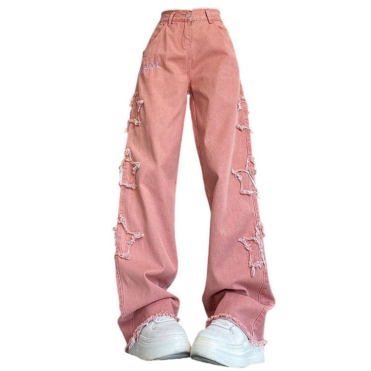 Pink Star Patches Jeans - S / Pink - Jeans