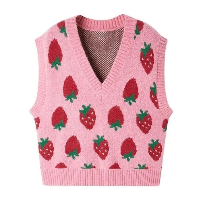 Pink Strawberry Knit Vest - S / Pink - Vest