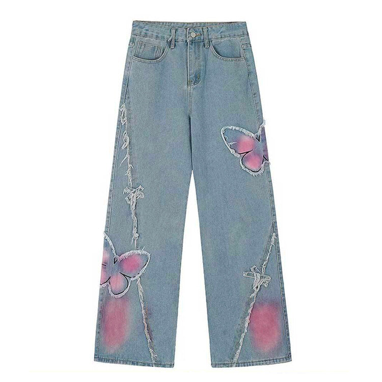 Y2K-Jeans mit weitem Bein und Schmetterlingsmuster in Rosa