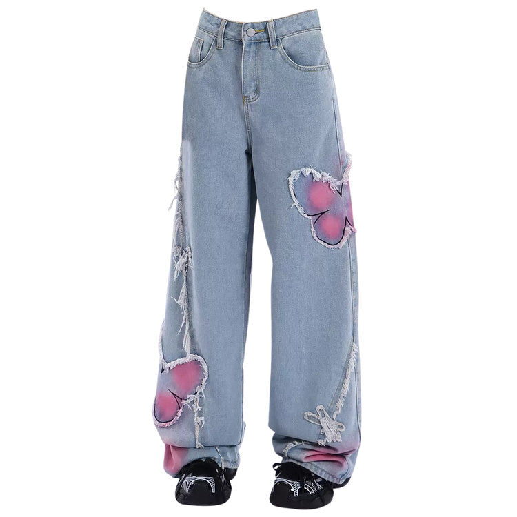 Y2K-Jeans mit weitem Bein und Schmetterlingsmuster in Rosa