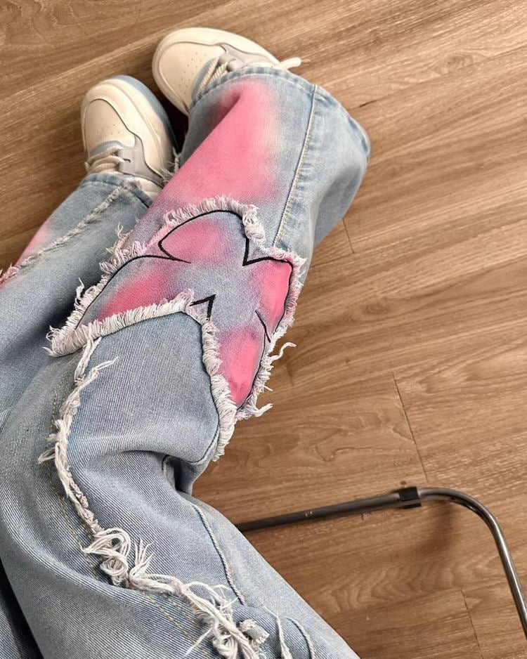 Y2K-Jeans mit weitem Bein und Schmetterlingsmuster in Rosa