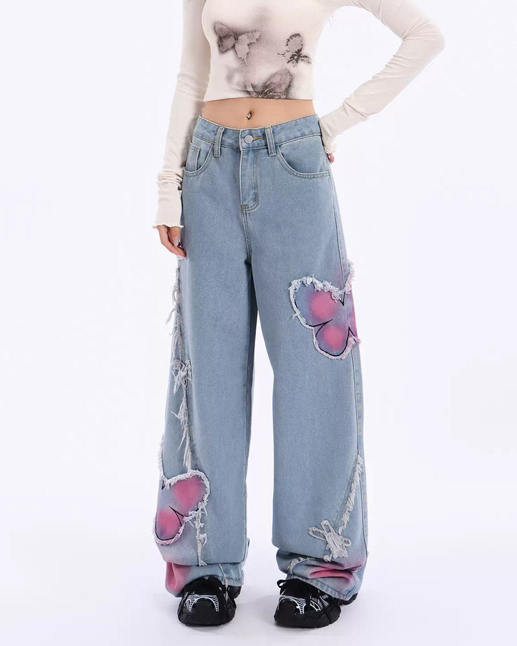 Y2K-Jeans mit weitem Bein und Schmetterlingsmuster in Rosa