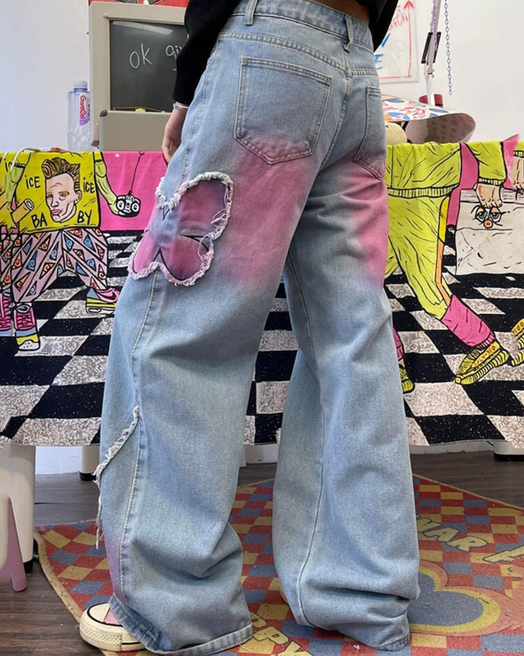 Y2K-Jeans mit weitem Bein und Schmetterlingsmuster in Rosa