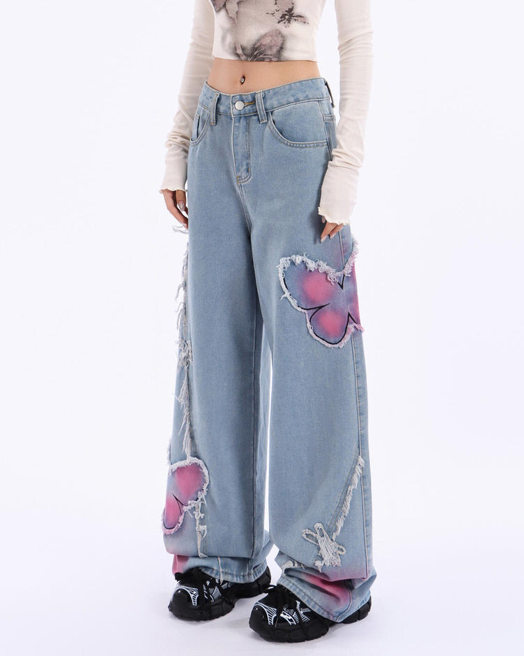 Y2K-Jeans mit weitem Bein und Schmetterlingsmuster in Rosa