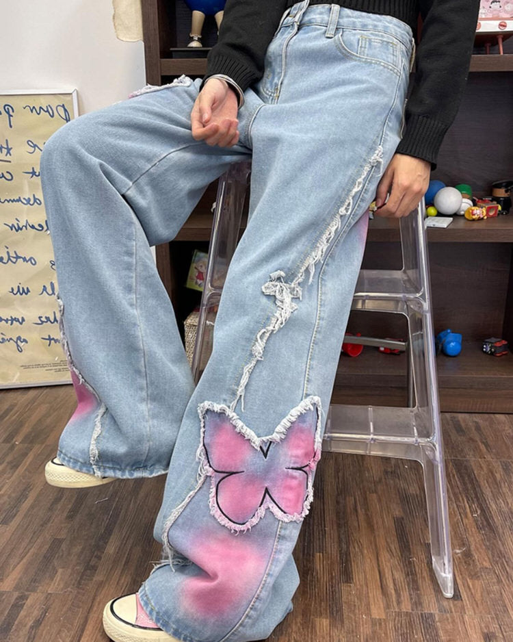 Y2K Pink Butterfly Wide Leg Jeans