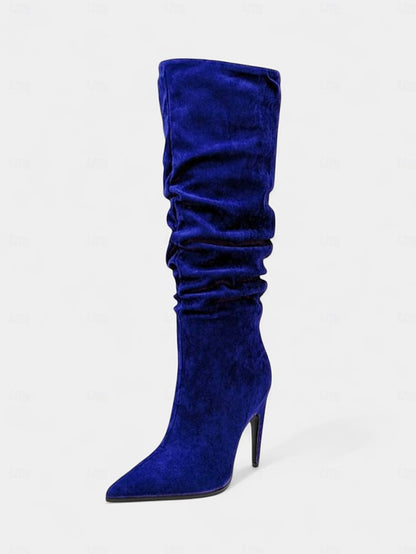 Women's High Knee Pointed Slouch Velvet Boots Toe Green -