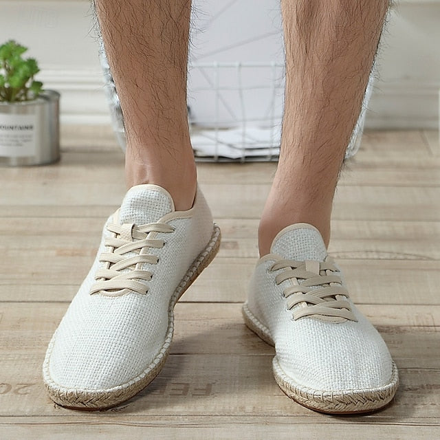 Men's Beige Canvas Lace-Up Espadrille Shoes with Jute Rope