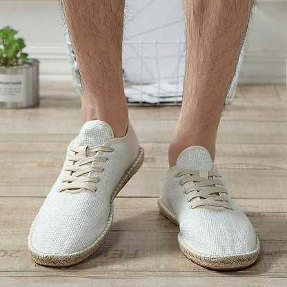 Men's Beige Canvas Lace-Up Espadrille Shoes with Jute Rope