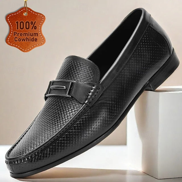 Men's Black Textured Leather Loafers – 100% Premium