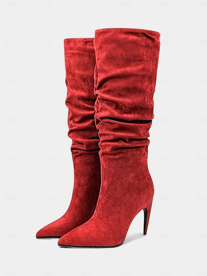 Women's High Knee Pointed Slouch Velvet Boots Toe Green -