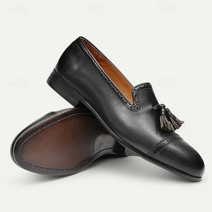 Men's Brown Leather Tassel Loafers with Brogue Detailing,