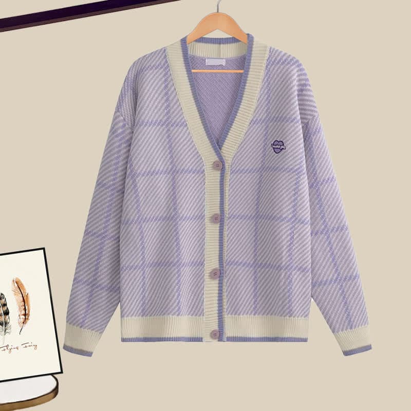 Purple Plaid Cardigan Lapel Shirt Denim Pants Set