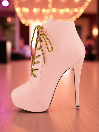 Faux Ankle Women's Lace-Up Boots Beige Platform - Leather