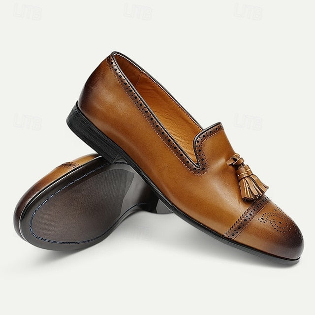 Men's Brown Leather Tassel Loafers with Brogue Detailing,