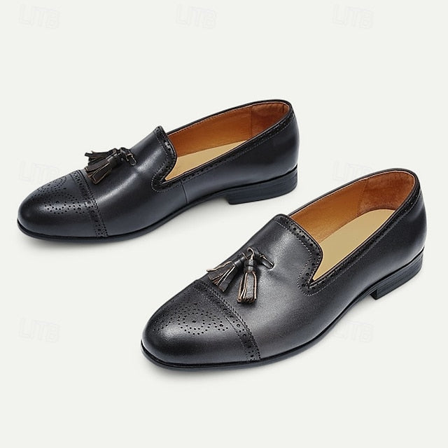 Men's Brown Leather Tassel Loafers with Brogue Detailing,