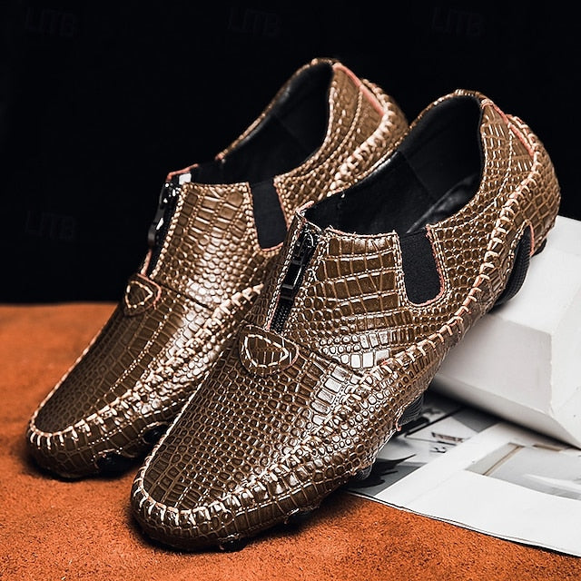 Men's Crocodile Pattern Leather Loafers - Stylish Slip-On