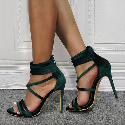 Heel Sandals Green Women's Stiletto Strappy – Satin