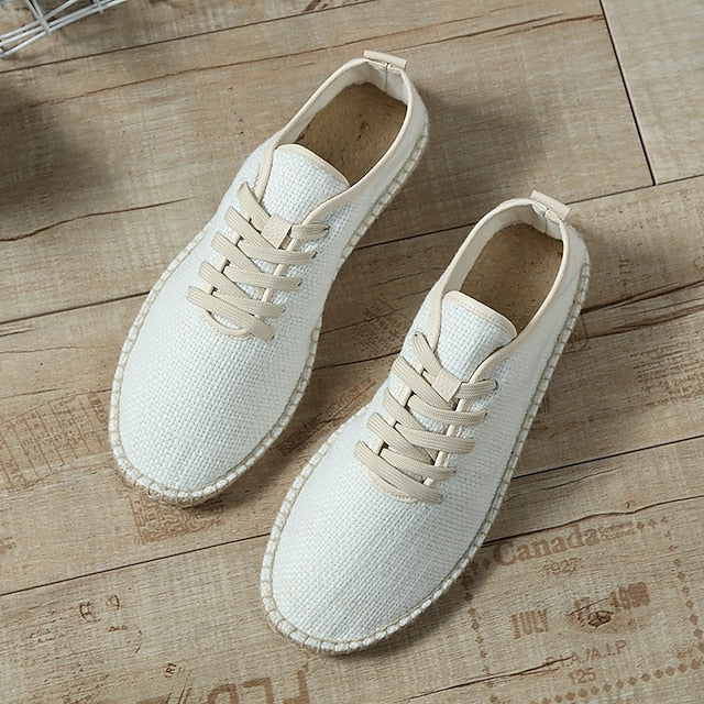 Men's Beige Canvas Lace-Up Espadrille Shoes with Jute Rope