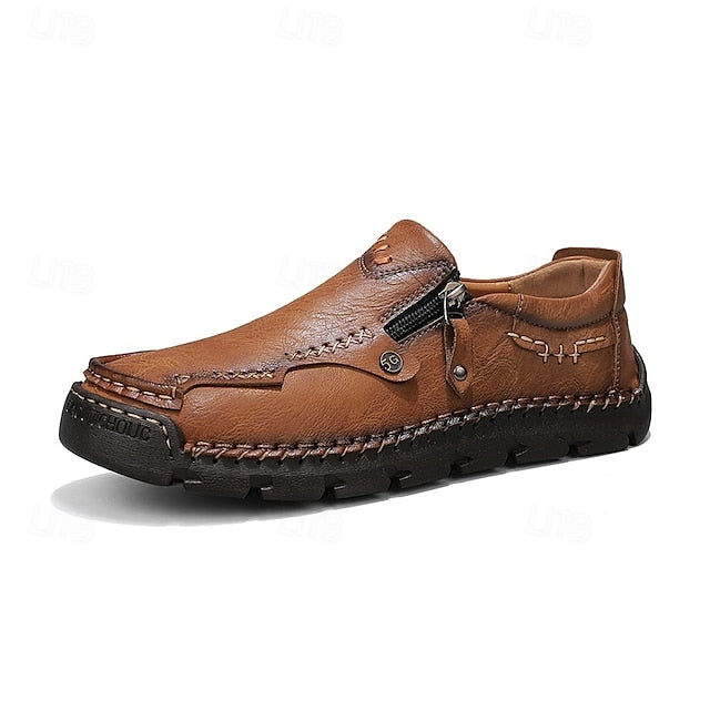 Men's Brown Faux Leather Slip-On Loafers with Side Zipper
