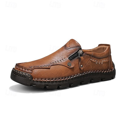 Men's Brown Faux Leather Slip-On Loafers with Side Zipper