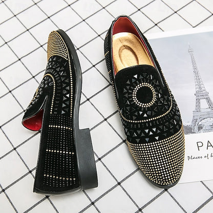 Men's Prom Shoes - Black Studded Velvet Loafers with Spiral