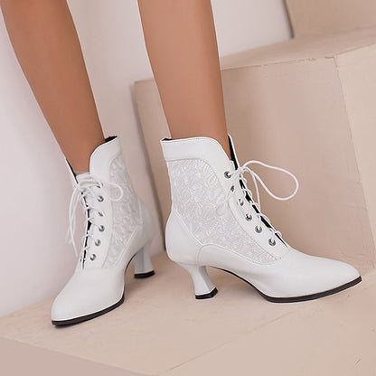 Boots White with Ankle Lace-Up Embroidered Women's Panels
