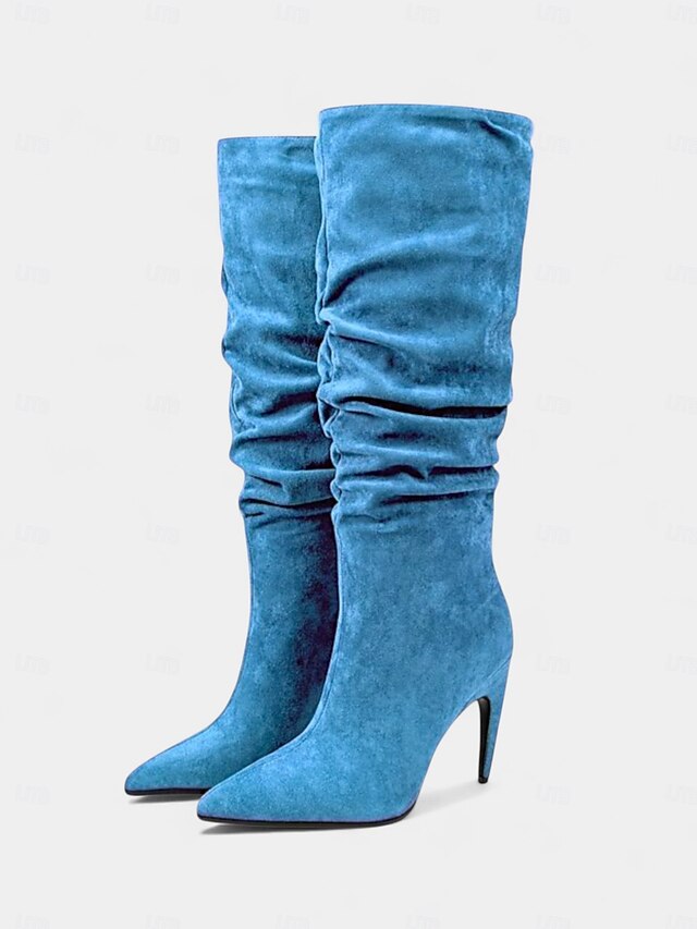 Women's High Knee Pointed Slouch Velvet Boots Toe Green -