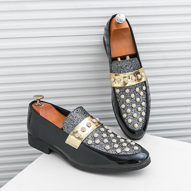 Men's Black Patent Loafers with Studded Detail and Gold
