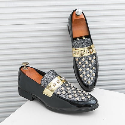 Men's Black Patent Loafers with Studded Detail and Gold