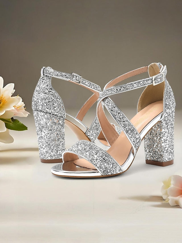 Heel Women's Sandals Block Glitter Gold