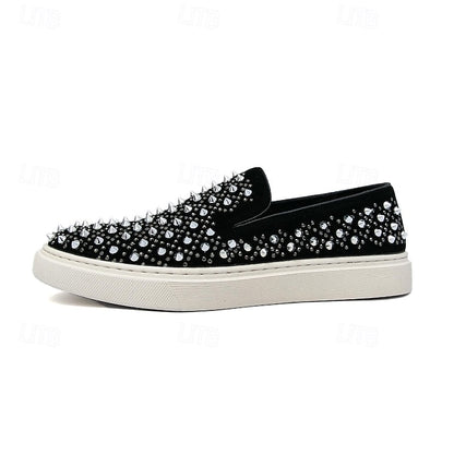 Men's Black Slip-On Shoes with Pearl Detailing - Elegant
