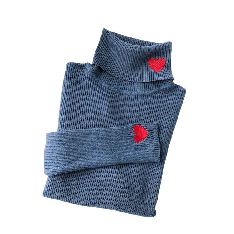 Red Heart Stripe Turtleneck Jumper - Free Size / Blue