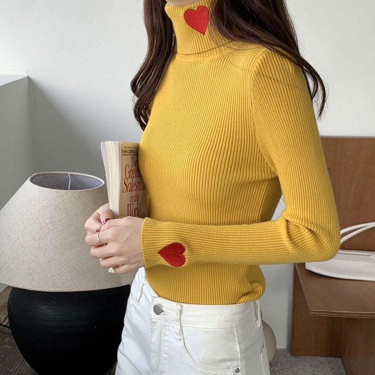 Red Heart Stripe Turtleneck Jumper - Free Size / Yellow