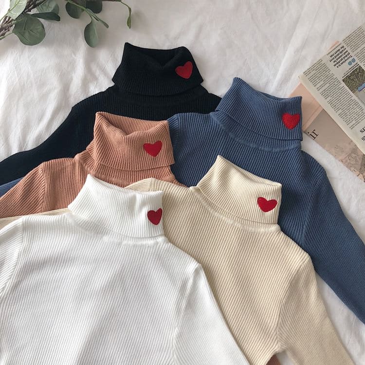 Red Heart Stripe Turtleneck Jumper - Sweaters